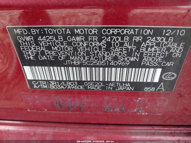Aukcja sprzedaży 2011 Lexus Is 250, vin: JTHBF5C25B5140969, numer aukcji: 44282286