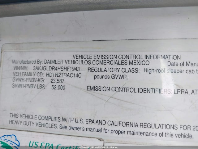 3AKJGLDR4HSHF1943 Freightliner Cascadia 125