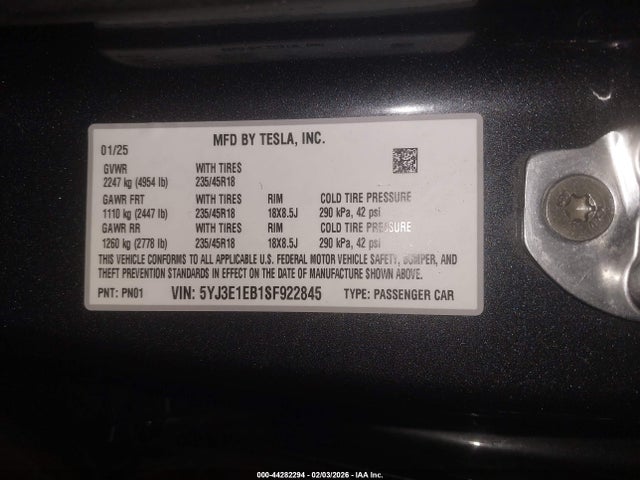 Продажа на аукционе авто 2025 Tesla Model 3 Long Range All-wheel Drive, vin: 5YJ3E1EB1SF922845, номер лота: 44282294