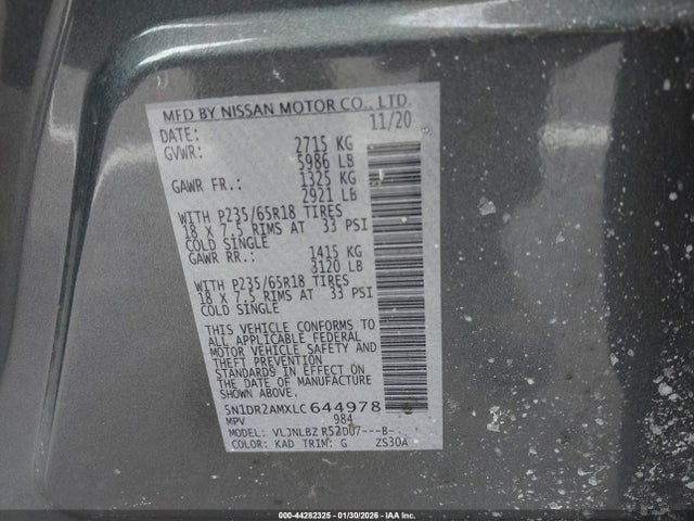 Aukcja sprzedaży 2020 Nissan Pathfinder S 4wd, vin: 5N1DR2AMXLC644978, numer aukcji: 44282325