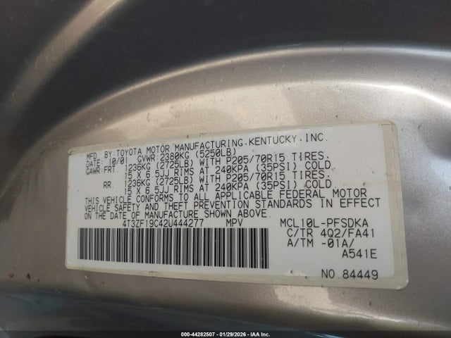 Продажа на аукционе авто 2002 Toyota Sienna Ce, vin: 4T3ZF19C42U444277, номер лота: 44282507