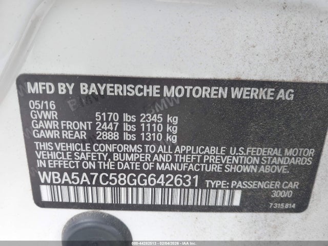 2016 Bmw 528i Xdrive მანქანა იყიდება აუქციონზე, vin: WBA5A7C58GG642631, აუქციონის ნომერი: 44282513