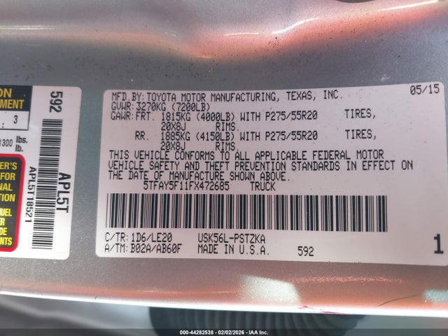 5TFAY5F11FX472685 Toyota Tundra Platinum 5.7l V8