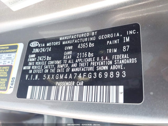 5XXGM4A74FG369893 KIA Optima Lx