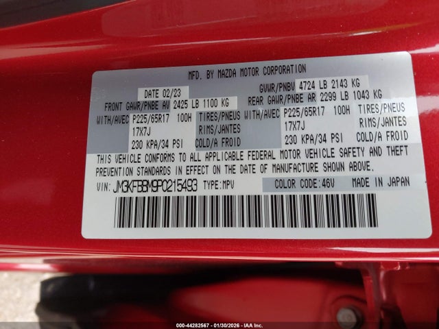 Aukcja sprzedaży 2023 Mazda Cx-5 2.5 S Select, vin: JM3KFBBM9P0215493, numer aukcji: 44282567