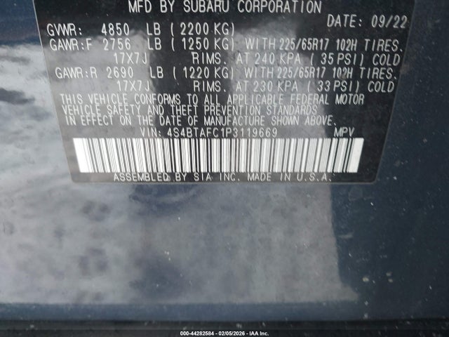 Aukcja sprzedaży 2023 Subaru Outback Premium, vin: 4S4BTAFC1P3119669, numer aukcji: 44282584