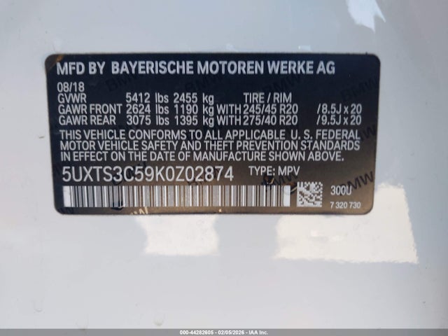 44282605 :رقم المزاد ، 5UXTS3C59K0Z02874 vin ، 2019 Bmw X3 M40i مزاد بيع