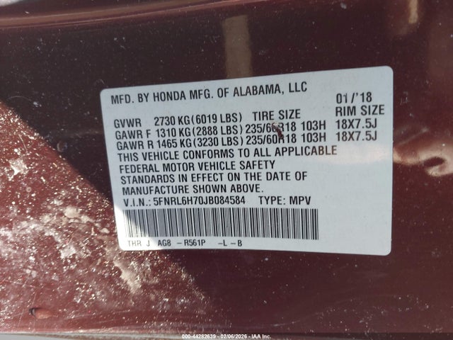 Honda Odyssey Ex-l 2018 5FNRL6H70JB084584 Image 9
