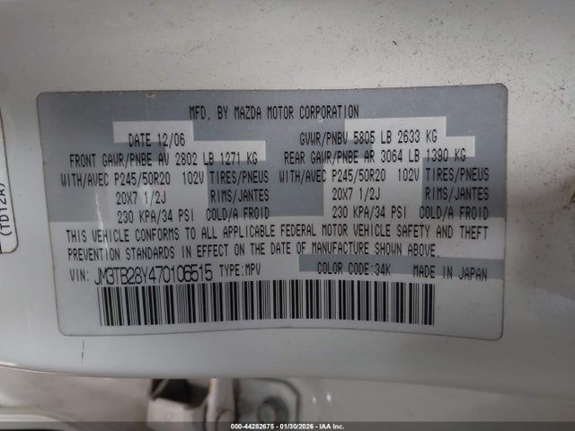 Продажа на аукционе авто 2007 Mazda Cx-9 Grand Touring, vin: JM3TB28Y470106515, номер лота: 44282675
