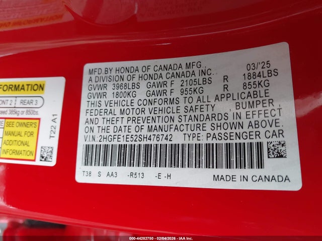 2025 HONDA CIVIC SI 2HGFE1E52SH476742 Photo 8