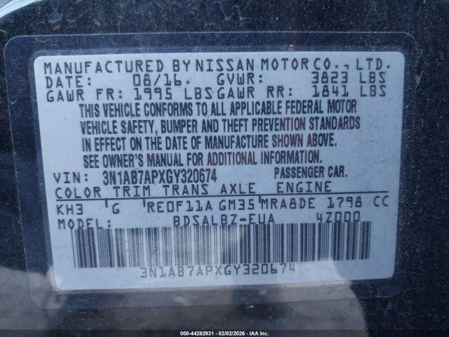 3N1AB7APXGY320674 Nissan SENTRA S