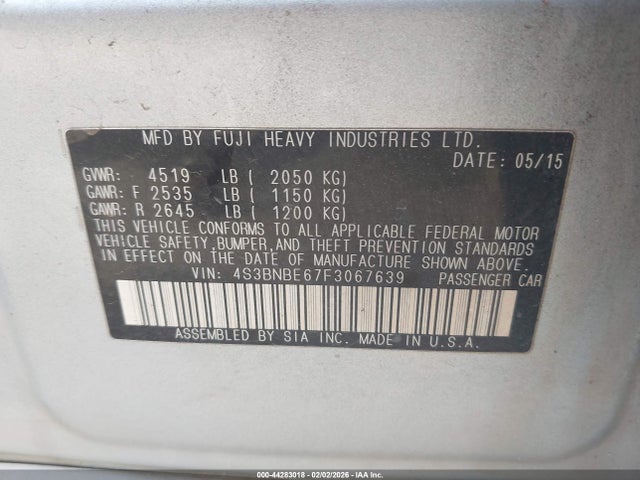 2015 Subaru Legacy 2.5i Premium მანქანა იყიდება აუქციონზე, vin: 4S3BNBE67F3067639, აუქციონის ნომერი: 44283018