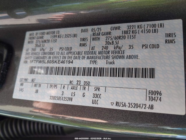Auction sale of the 2025 Ford F-150 Lariat, vin: 1FTFW5L80SKE46194, lot number: 44283050