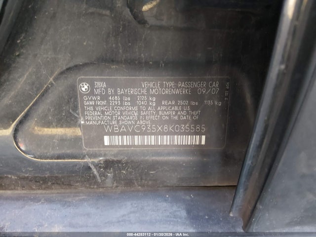 44283112 :رقم المزاد ، WBAVC935X8K035585 vin ، 2008 Bmw 328xi مزاد بيع
