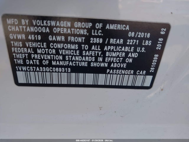 Aukcja sprzedaży 2016 Volkswagen Passat 1.8t Sel Premium, vin: 1VWCS7A33GC069313, numer aukcji: 44283187