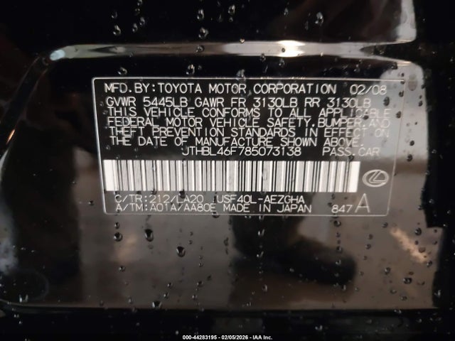 Aukcja sprzedaży 2008 Lexus Ls 460, vin: JTHBL46F785073138, numer aukcji: 44283195