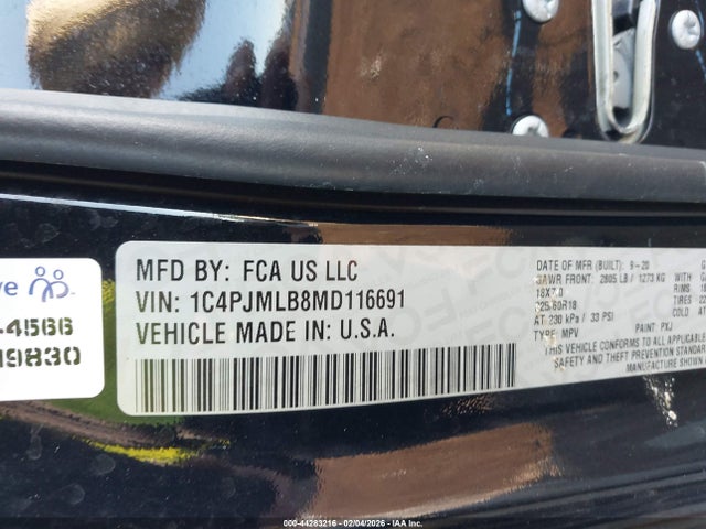 44283216 :رقم المزاد ، 1C4PJMLB8MD116691 vin ، 2021 Jeep Cherokee مزاد بيع