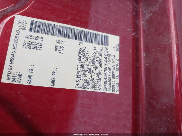 1N4BL4DW2NN344628 Nissan Altima Sv Intelligent Awd