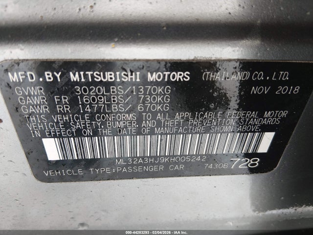 Aukcja sprzedaży 2019 Mitsubishi Mirage Es, vin: ML32A3HJ9KH005242, numer aukcji: 44283293