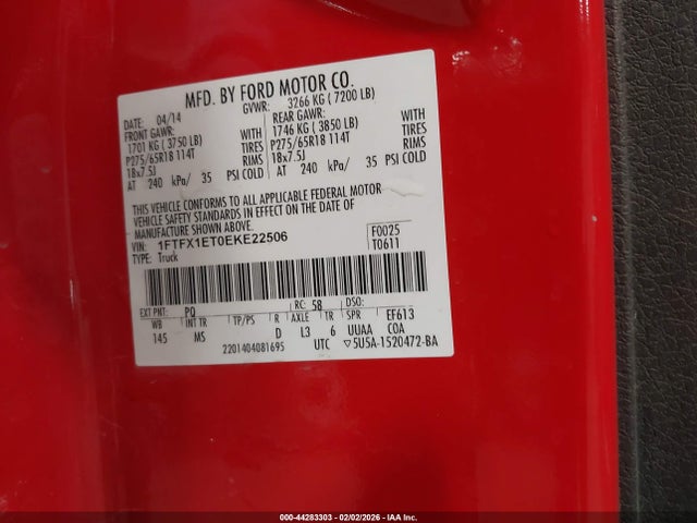 44283303 :رقم المزاد ، 1FTFX1ET0EKE22506 vin ، 2014 Ford F-150 Xlt مزاد بيع