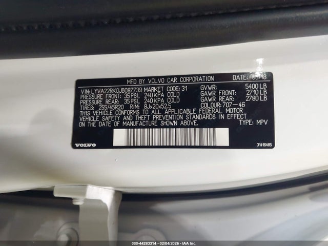 LYVA22RK0JB087739 Volvo Xc60 T6 Momentum