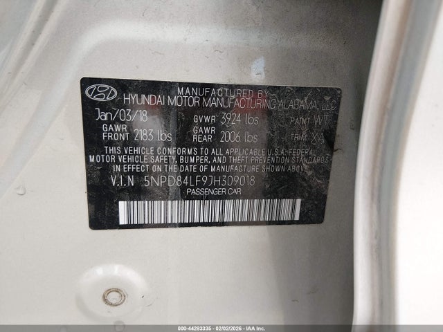 5NPD84LF9JH309018 Hyundai Elantra Value Edition
