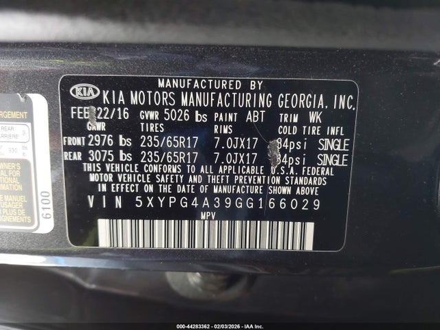 5XYPG4A39GG166029 KIA Sorento 2.4l Lx