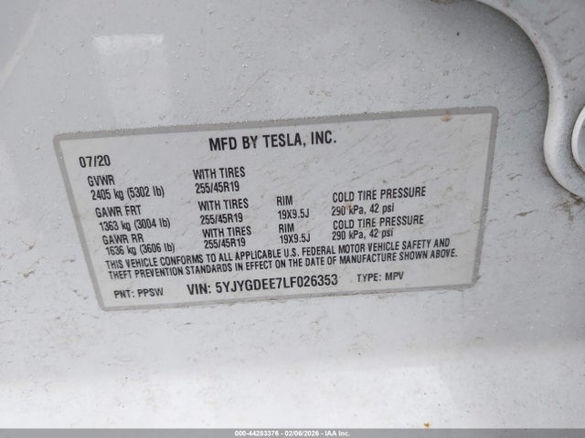 Продаж на аукціоні авто 2020 Tesla Model Y Long Range Dual Motor All-wheel Drive, vin: 5YJYGDEE7LF026353, номер лоту: 44283376
