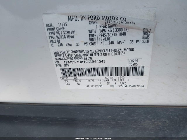 Auction sale of the 2016 Ford Explorer Xlt, vin: 1FM5K7D81GGB61043, lot number: 44283433
