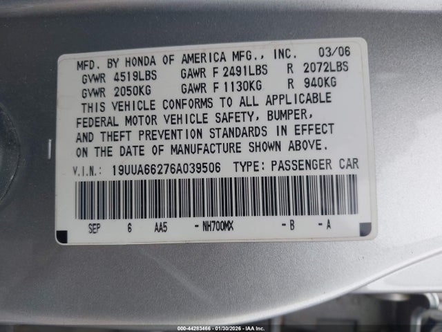 44283466 :رقم المزاد ، 19UUA66276A039506 vin ، 2006 Acura Tl مزاد بيع