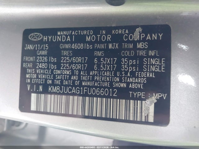 Продажа на аукционе авто 2015 Hyundai Tucson Se, vin: KM8JUCAG1FU066012, номер лота: 44283493