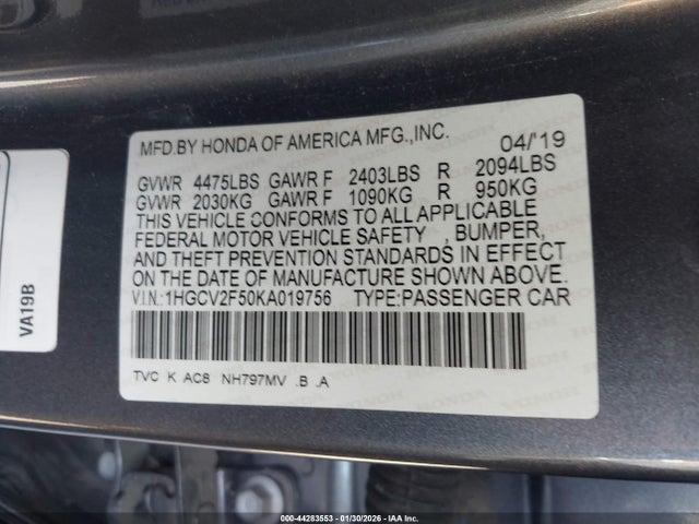 1HGCV2F50KA019756 Honda Accord Ex-l 2.0t