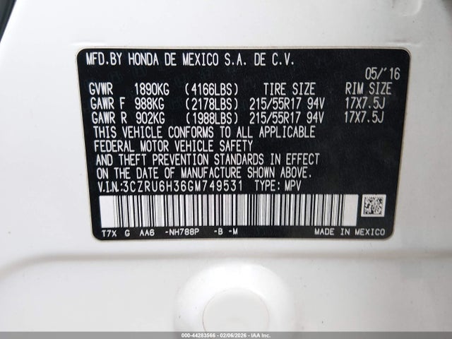 3CZRU6H36GM749531 Honda HR-V LX