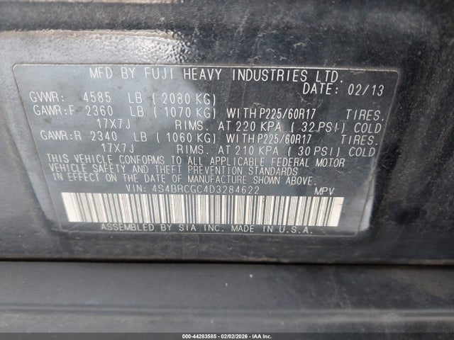 2013 Subaru Outback 2.5i Premium მანქანა იყიდება აუქციონზე, vin: 4S4BRCGC4D3284622, აუქციონის ნომერი: 44283585