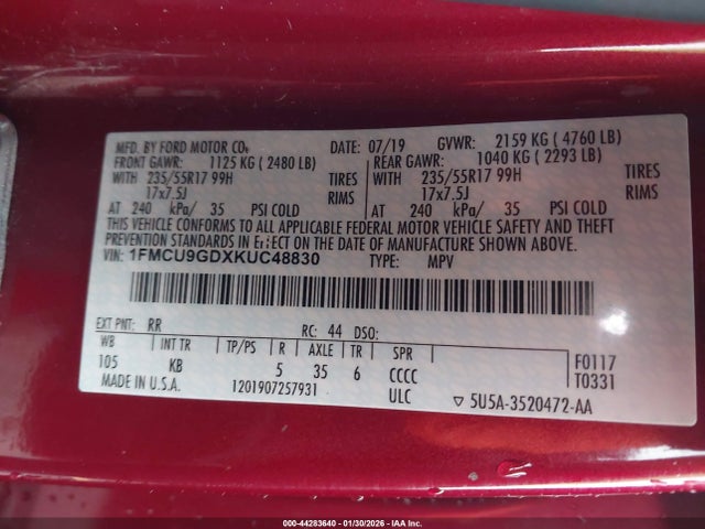 Ford ESCAPE SE 2019 1FMCU9GDXKUC48830 Image 9