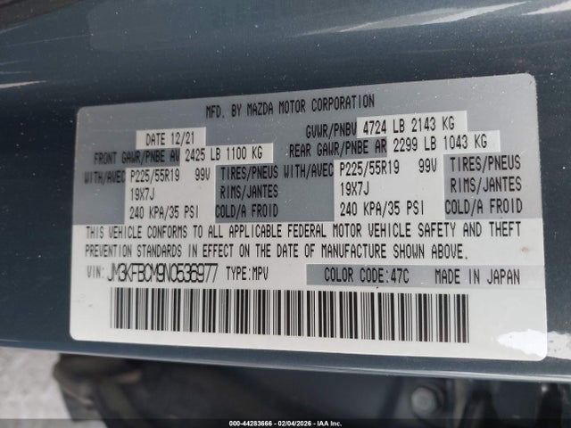 44283666 :رقم المزاد ، JM3KFBCM9N0536977 vin ، 2022 Mazda Cx-5 2.5 S Carbon Edition مزاد بيع