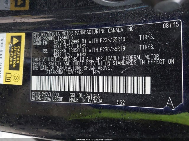 44283677 :رقم المزاد ، 2T2ZK1BA1FC204488 vin ، 2015 Lexus Rx 350 مزاد بيع