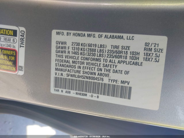 Honda ODYSSEY EX 2022 5FNRL6H52NB004576 Image 9