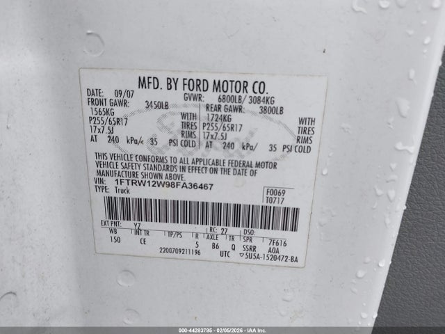 44283795 :رقم المزاد ، 1FTRW12W98FA36467 vin ، 2008 Ford F-150 60th Anniversary/fx2/xl/xlt مزاد بيع