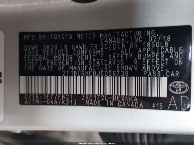 2T1BURHE0JC056738 Toyota COROLLA LE