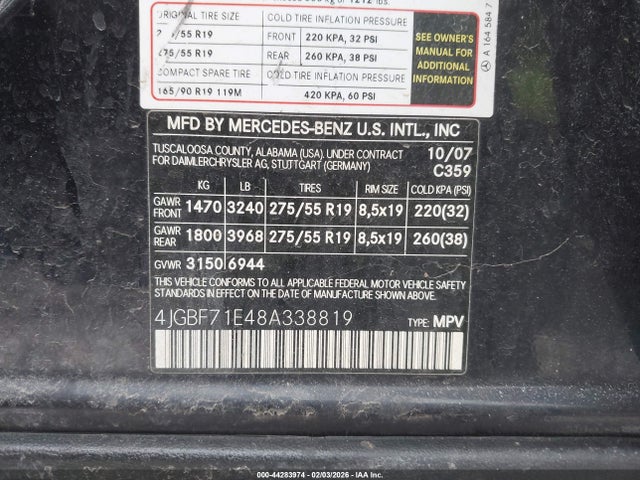 44283974 :رقم المزاد ، 4JGBF71E48A338819 vin ، 2008 Mercedes-benz Gl 450 4matic مزاد بيع