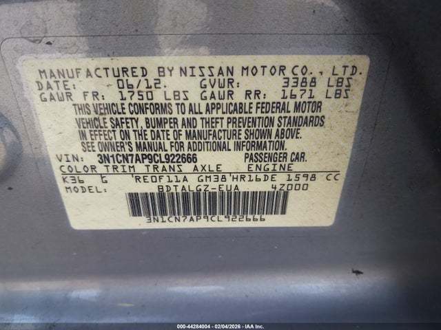 44284004 :رقم المزاد ، 3N1CN7AP9CL922666 vin ، 2012 Nissan Versa 1.6 Sl مزاد بيع