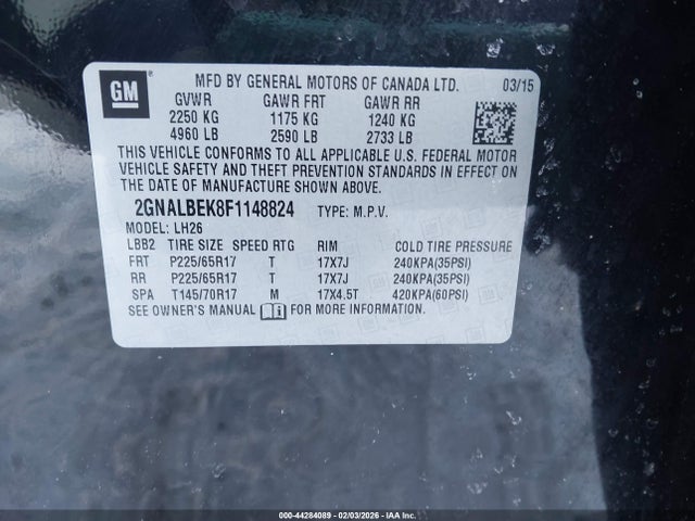 Aukcja sprzedaży 2015 Chevrolet Equinox 1lt, vin: 2GNALBEK8F1148824, numer aukcji: 44284089
