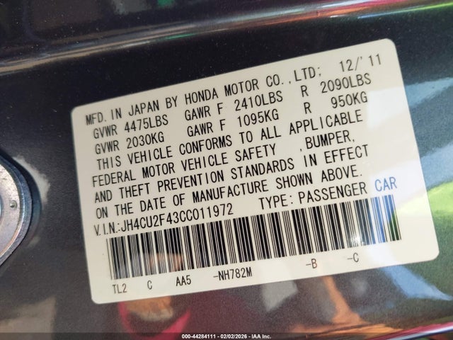 44284111 :رقم المزاد ، JH4CU2F43CC011972 vin ، 2012 Acura Tsx 2.4 مزاد بيع