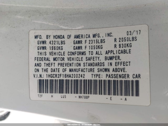 1HGCR2F16HA200242 Honda Accord Sport Se