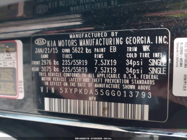 Продаж на аукціоні авто 2016 Kia Sorento 3.3l Sx, vin: 5XYPKDA55GG013793, номер лоту: 44284116