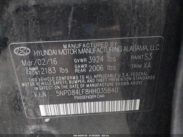 5NPD84LF8HH035840 Hyundai Elantra Limited
