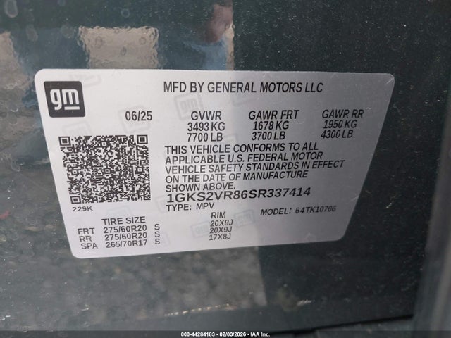 2025 Gmc Yukon 4wd At4 Ultimate მანქანა იყიდება აუქციონზე, vin: 1GKS2VR86SR337414, აუქციონის ნომერი: 44284183