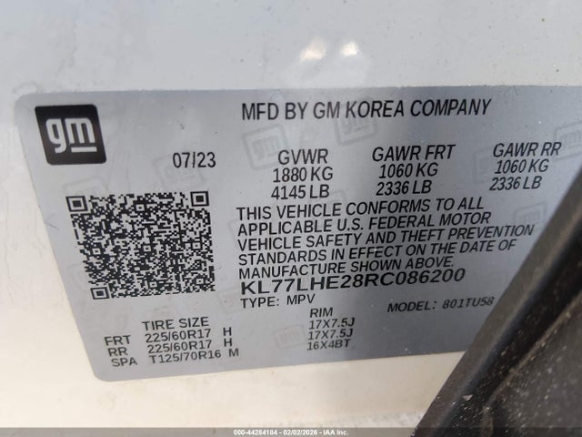 Продажа на аукционе авто 2024 Chevrolet Trax Fwd Lt, vin: KL77LHE28RC086200, номер лота: 44284184