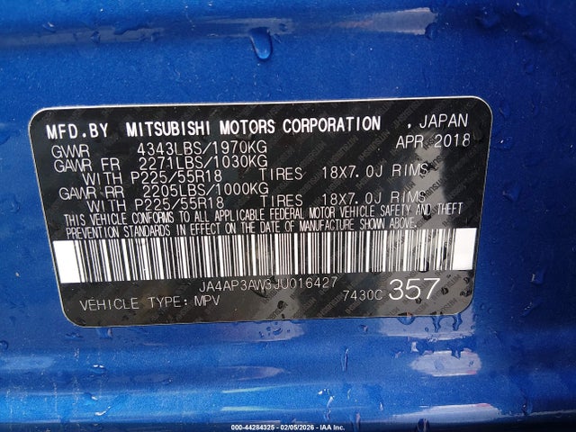 44284325 :رقم المزاد ، JA4AP3AW3JU016427 vin ، 2018 Mitsubishi Outlander Sport 2.4 Se مزاد بيع